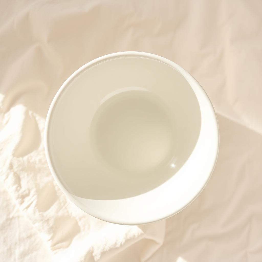 Empty ceramic bowl on cream linen