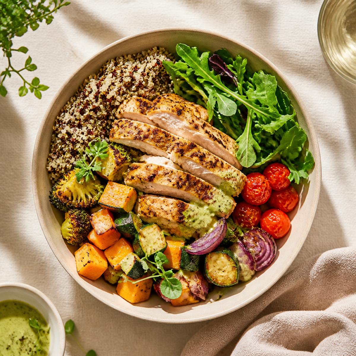Healthy meal bowl with grilled chicken, quinoa and roasted vegetables