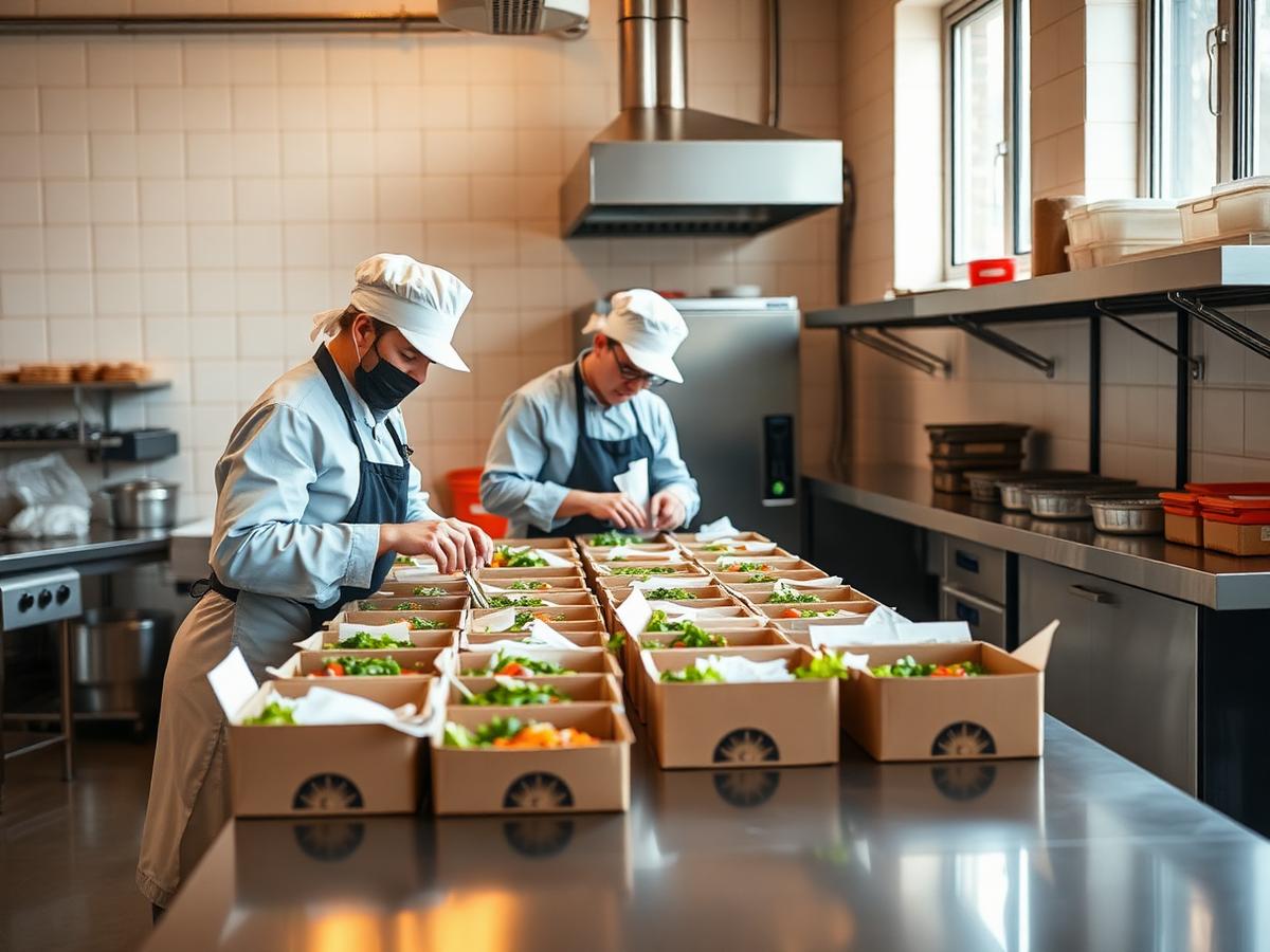 Chefs packing fresh meal boxes in a Beneefit partner kitchen